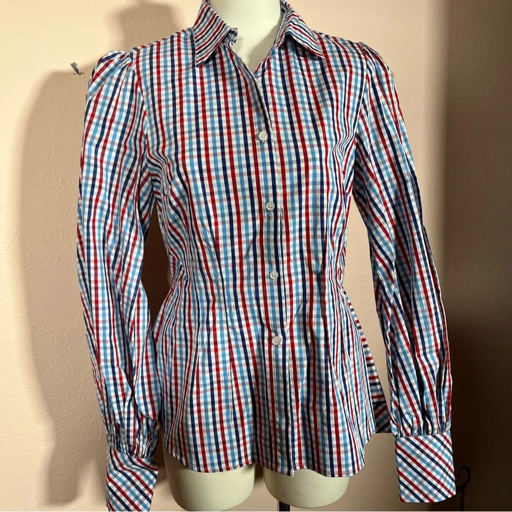 Greyson Gingham puff sleeve Peplum Feminine Western Buttondown shirt - Picture 13 of 17